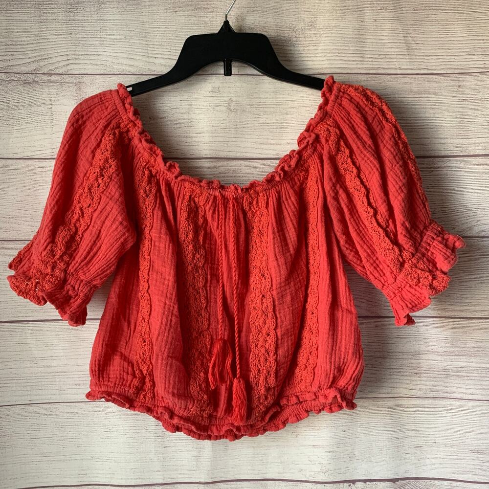 American Eagle Dark Coral Crop Top Blouse Tie String Front Tassel Size Medium